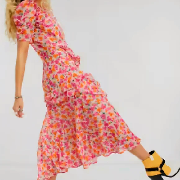 Topshop | Dresses | Topshop Pink And Orange Ruffled Puff Sleeve Midi Dress  | Poshmark